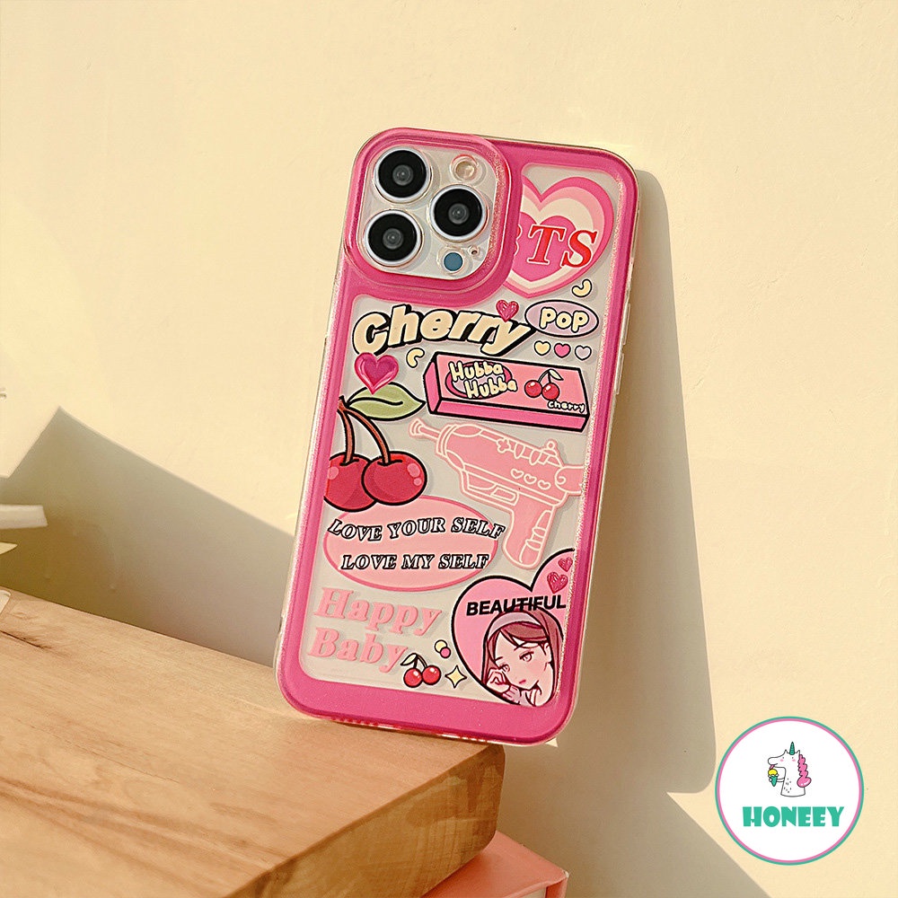 Ins Pink Graffiti Love Cherry Phone Case Kompatibel Untuk Iphone14 Pro Max12 13promax Case iPhone 11xr XS 7 8Plus Bening Lembut Shockproof Back Cover