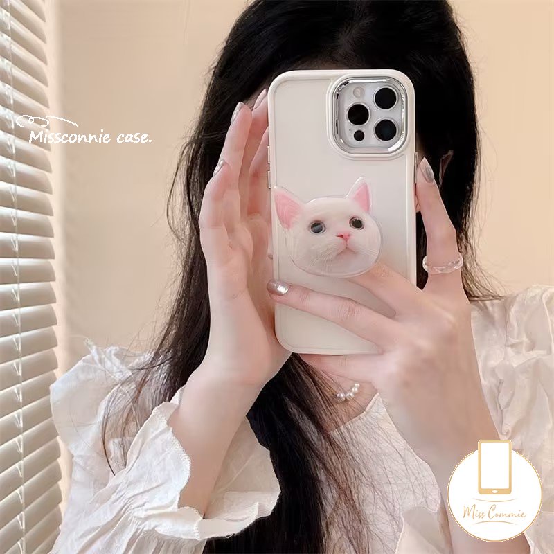 Casing Warna Solid Simple Plating Mewah Kompatibel Untuk IPhone 7plus X XR 11 14 13 12 Pro MAX 7 8 Plus XS MAX Frame Lensa Metal Soft Cover Dengan Braket Kucing Kitty Lucu