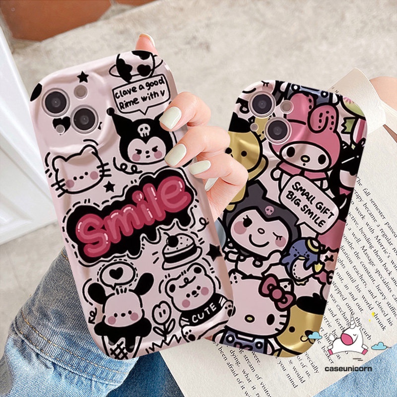 IPHONE Casing Kartun Hello Kitty Cute Kulomi 3D Wavy Curved Edge Case Kompatibel Untuk Iphone7 8 6 6s Plus 13 11 12 14 Pro Max XR X 7Plus XS Max SE 2020 Shockproof Doodle Comic English Soft Case