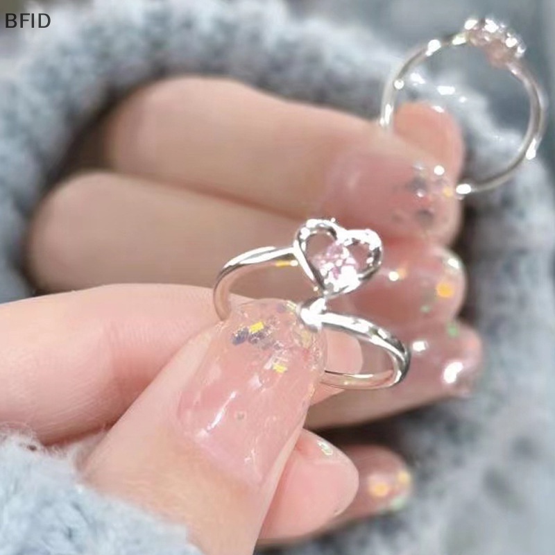 [BFID] Fashion Shiny Pink Rhinestone Heart Opening Couple Rings Vintage Kristal Adjustable Finger Ring Untuk Wanita Kekasih Perhiasan Hadiah [ID]