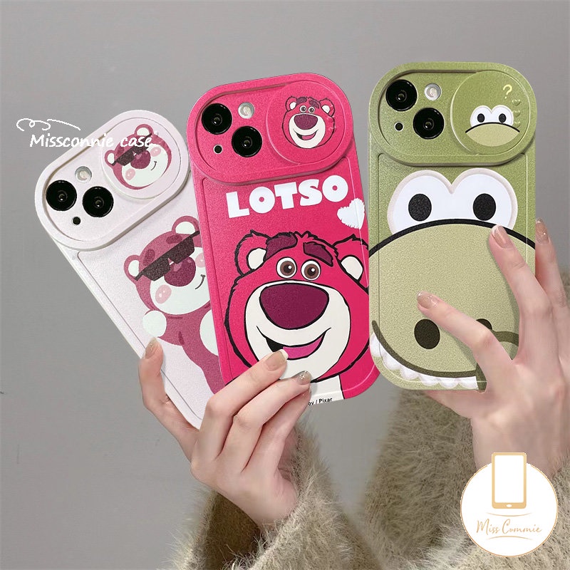 Cute Strawberry Bear Lotso Case Compatible for iPhone 11 XR 7Plus 13 12 11 Pro Max 8Plus X XS Max Cartoon Funny Dinosaur Push Pull Window Camera Lens Protector Soft Cover