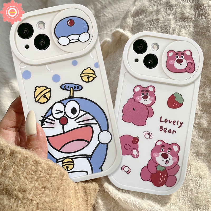 Strawberry Bear Lotso Cartoon Case Compatible for IPhone 11 7Plus XR 13 12 Pro Max 8Plus X XS Max Push Pull Window Lovely Doraemon Funny Dinosaur Camera Lens Protector Cover