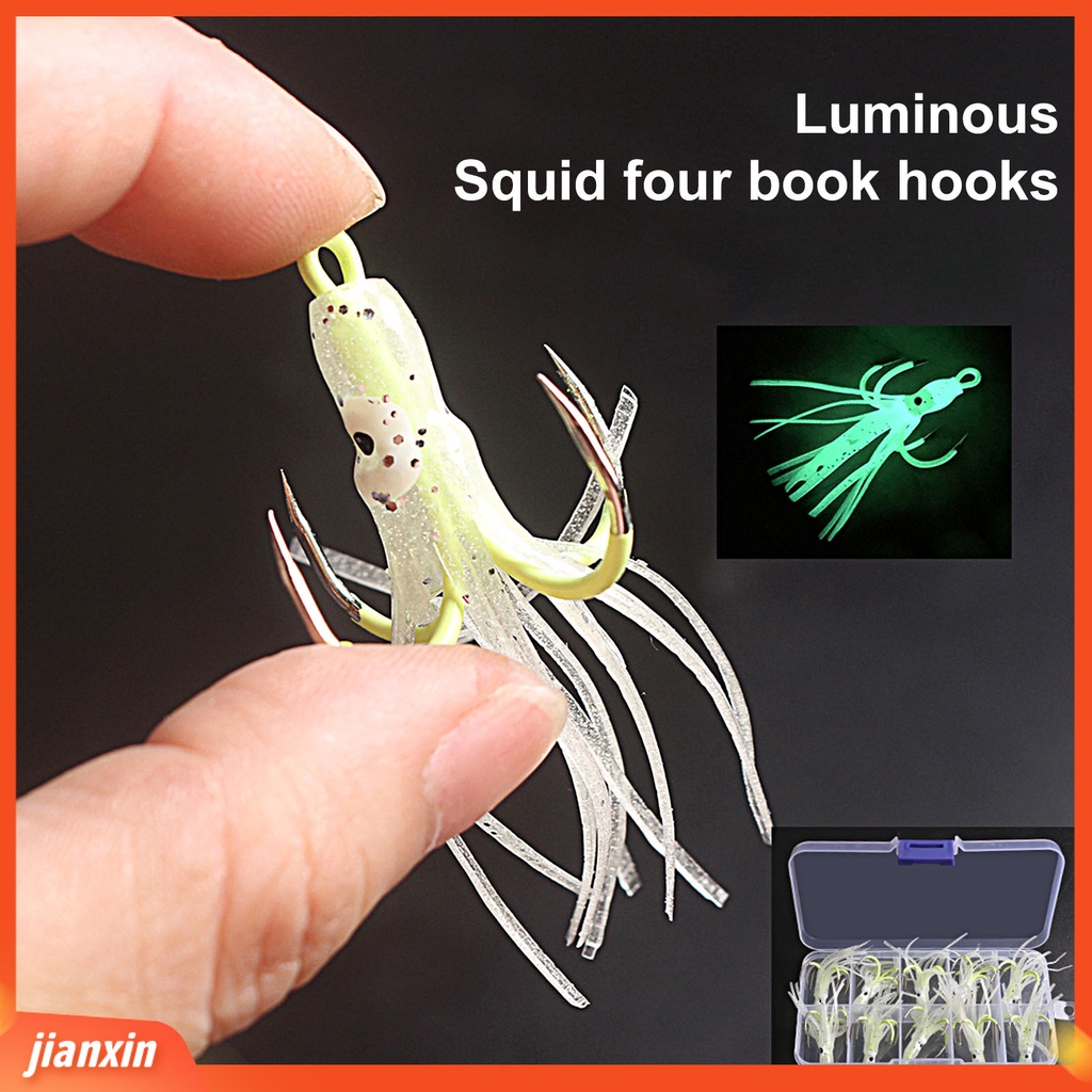 (In Stock) 10 Pcs Tajam Barber Gantung Lubang Compact Empat Cakar Lure Hooks Lembut Silikon Bercahaya Gurita Umpan Cumi Rok Jigging Kait Perlengkapan Memancing
