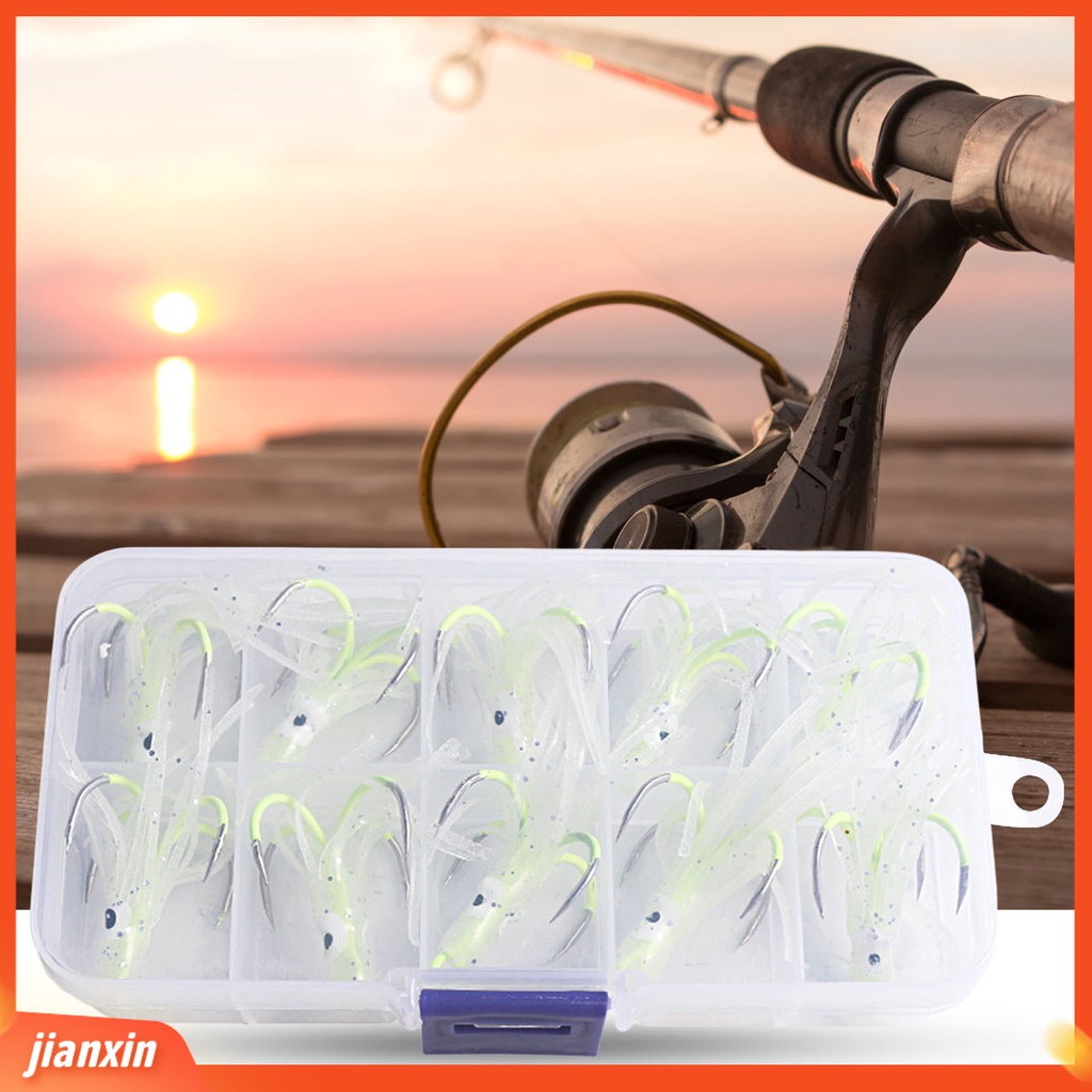 (In Stock) 10 Pcs Tajam Barber Gantung Lubang Compact Empat Cakar Lure Hooks Lembut Silikon Bercahaya Gurita Umpan Cumi Rok Jigging Kait Perlengkapan Memancing