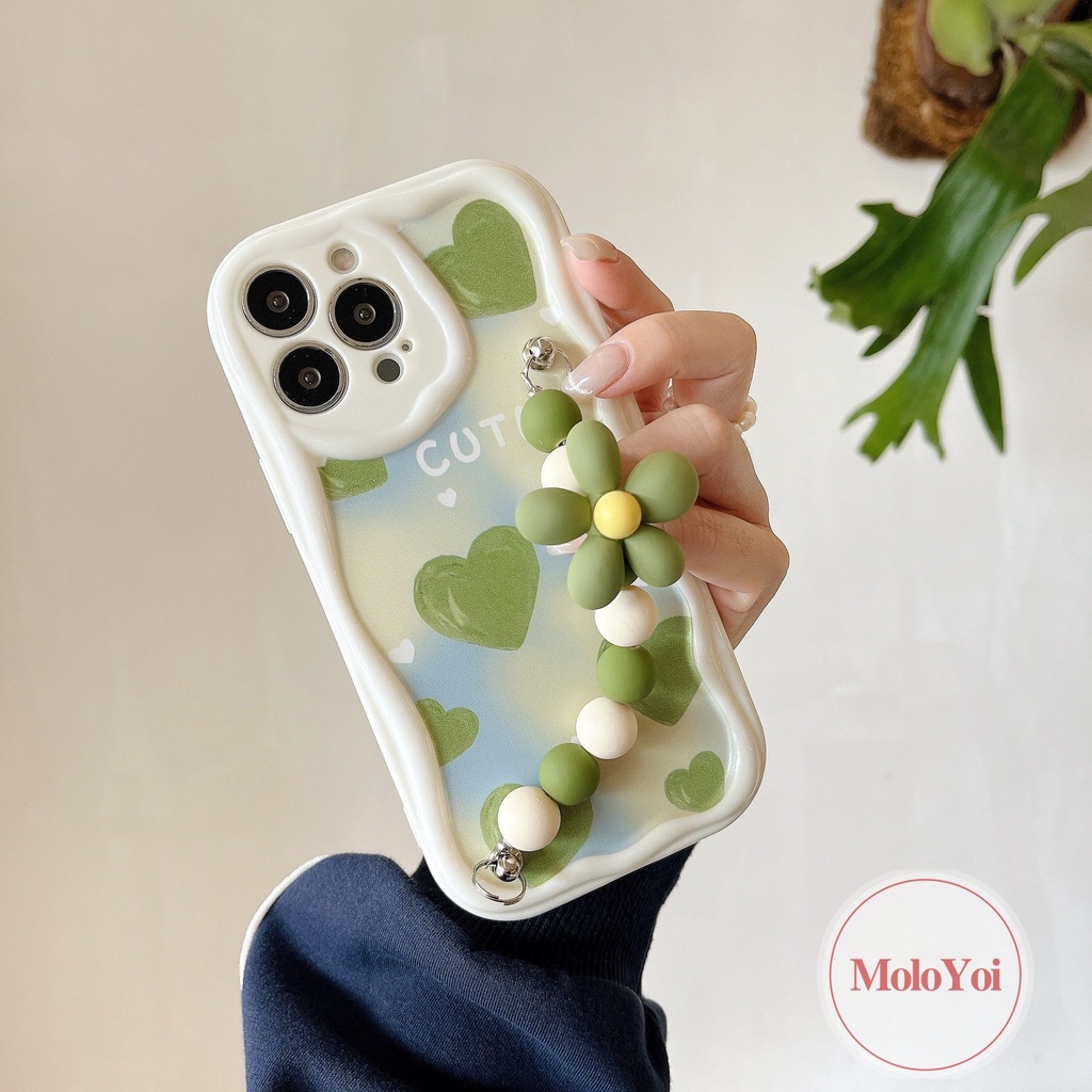 Oil Paint Green Love Heart Case Compatible For iPhone 7Plus XR XS X Max 11 13 12 14 Pro Max 6 7 8 6s Plus SE 2020 3D Wavy Curved Edge Bead Flower Hand Strap Bracelet Phone Cover