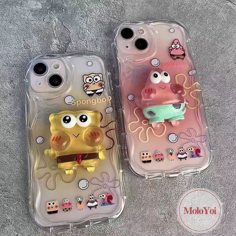 Cartoon Couples 3D Wavy Curved Edge Case Compatible for iPhone 11 13 12 14 Pro Max 7 6 6s 8 Plus XR X XS Max SE 2020 DIY Cute Spongebob Patrick Star 3D Steric Doll Stand Soft Cover