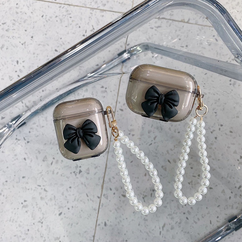 3d Busur Lembut Transparan TPU Nirkabel Bluetooth Earphone Pelindung Shockproof Case Cover Dengan Rantai Manik-Manik Mutiara Untuk Airpods 1 2 3 PRO PRO2