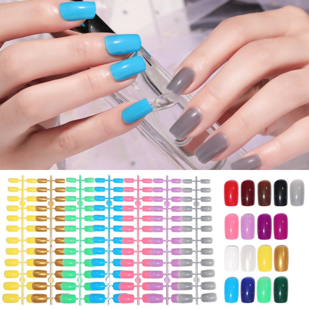 [Fitur] 24 /100 Pcs/Set Nail Art Patch/Pendek Warna Solid Memakai Kuku/Potongan Kuku Sederhana/Kuku Palsu Telanjang Warna-Warni/Manicure Removable/Aksesoris Kuku Untuk Wanita