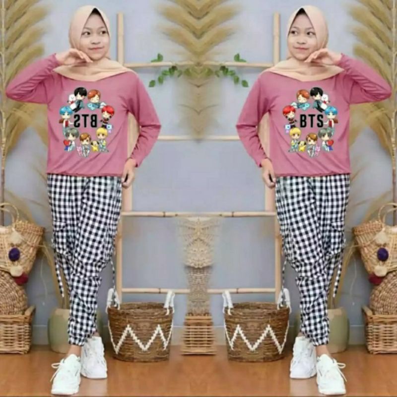 Setelan Baju Anak Perempuaj Usia 8 9 10 Tahun-Set Baju Anak BTS Korea New- Set Kotak BTS Kid Murah