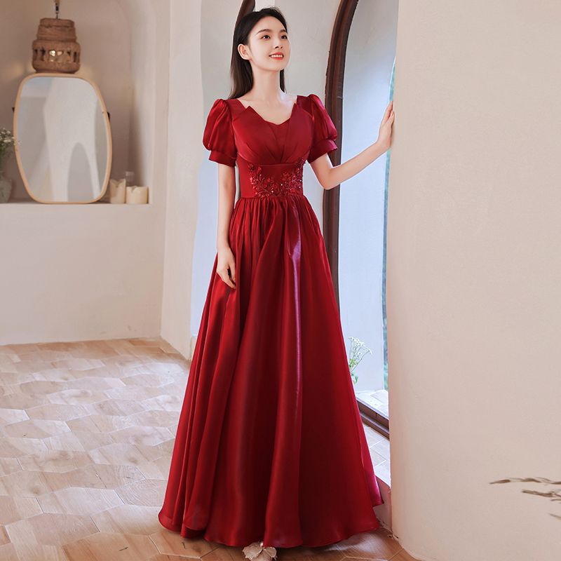 Anggur Merah Satin Gaun Malam Pengantin  Baru Suasana Sederhana Panjang Pertunangan Perjamuan Gaun R