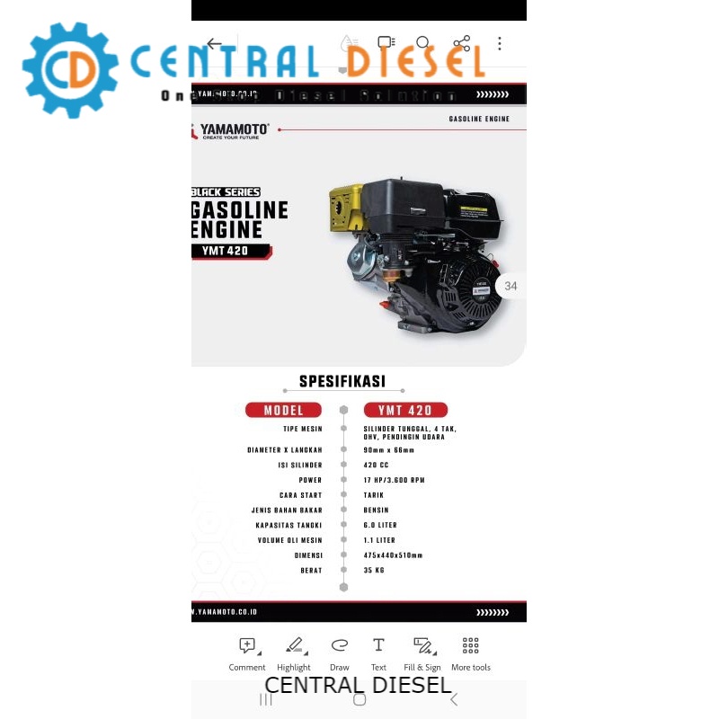 MESIN PENGGERAK / GASOLINE ENGINE YAMAMOTO YMT 420