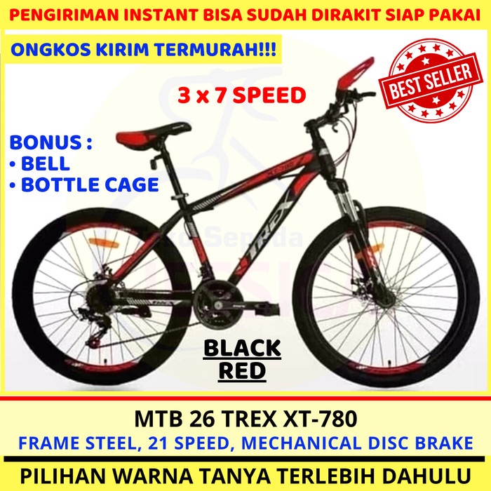 Sepeda Gunung MTB 26 Trex XT-780 21 speed Murah - Black Red K7R ORIGINAL Produk