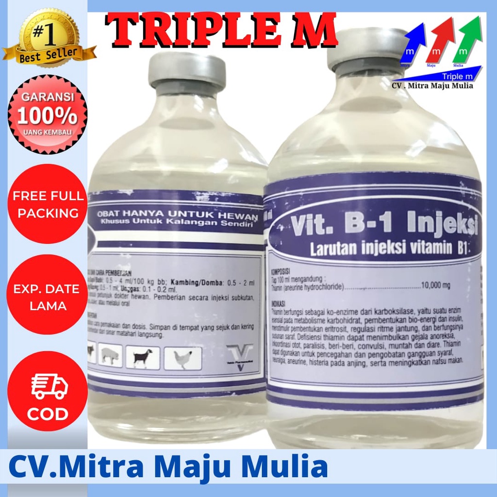 Vitamin B1 100 ml injeksi TRIPLE M - Pertumbuhan Nafsu Makan Hewan