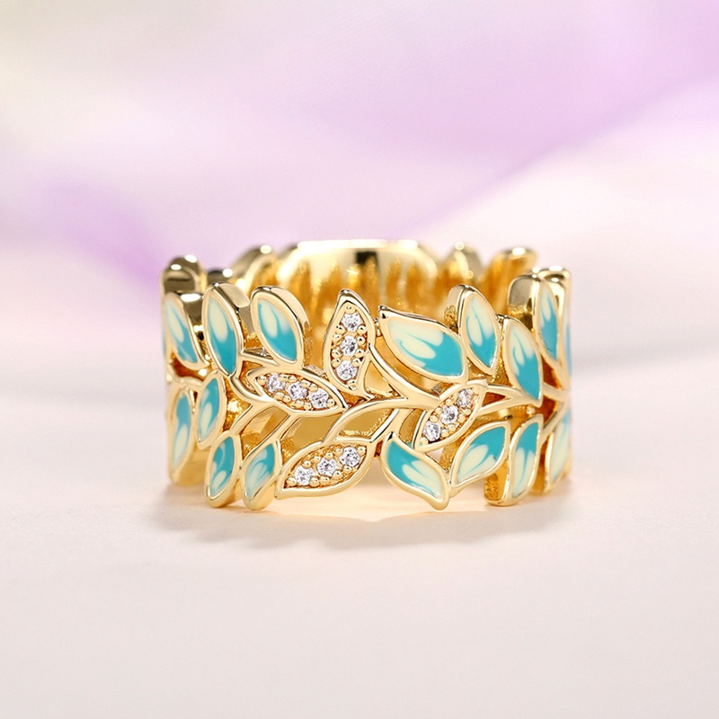 Daun Hijau Enamel Cincin Wanita Fashion Aksesoris Jari Untuk Pesta Warna Emas Dibuka Kristal CZ Batu Chic Perhiasan Perempuan