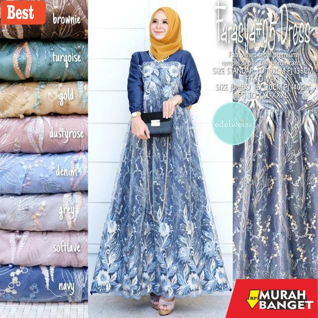 GAMIS RAMADHAN TERBARU UNTUK WANITA- Farasya #95 Dress Kondangan Jumbo Brukat Tille Lengan Panjang S
