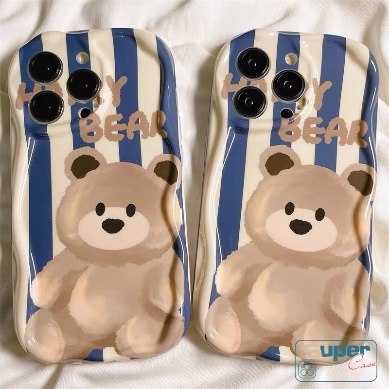 Case Glossy Garis Beruang Kartun Lucu Kompatibel Untuk iPhone 7Plus 11 Pro Max XR X 6s 7 6 8 Plus 13 14 12 Pro Max XS Max SE 2020 3D Wavy Curved Edge Soft Tpu Shockproof Cover