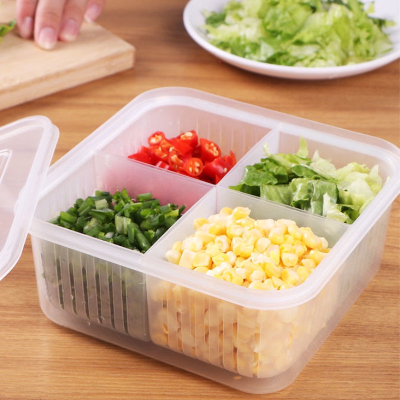 Tempat Penyimpanan Makanan dengan 4 Sekat dan Saringan untuk Buah dan Sayuran