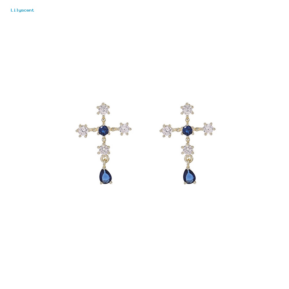 Lilyscent Fashion Wanita Safir Imitasi Berlian Imitasi Alloy Cross Ear Stud Earrings Perhiasan Hadiah