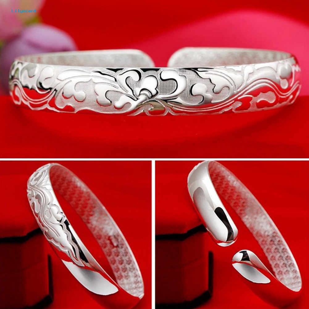 Lilyscent Mewah Wanita Bunga Ukiran Terbuka Bangle Gelang Perhiasan Hadiah Hari Valentine