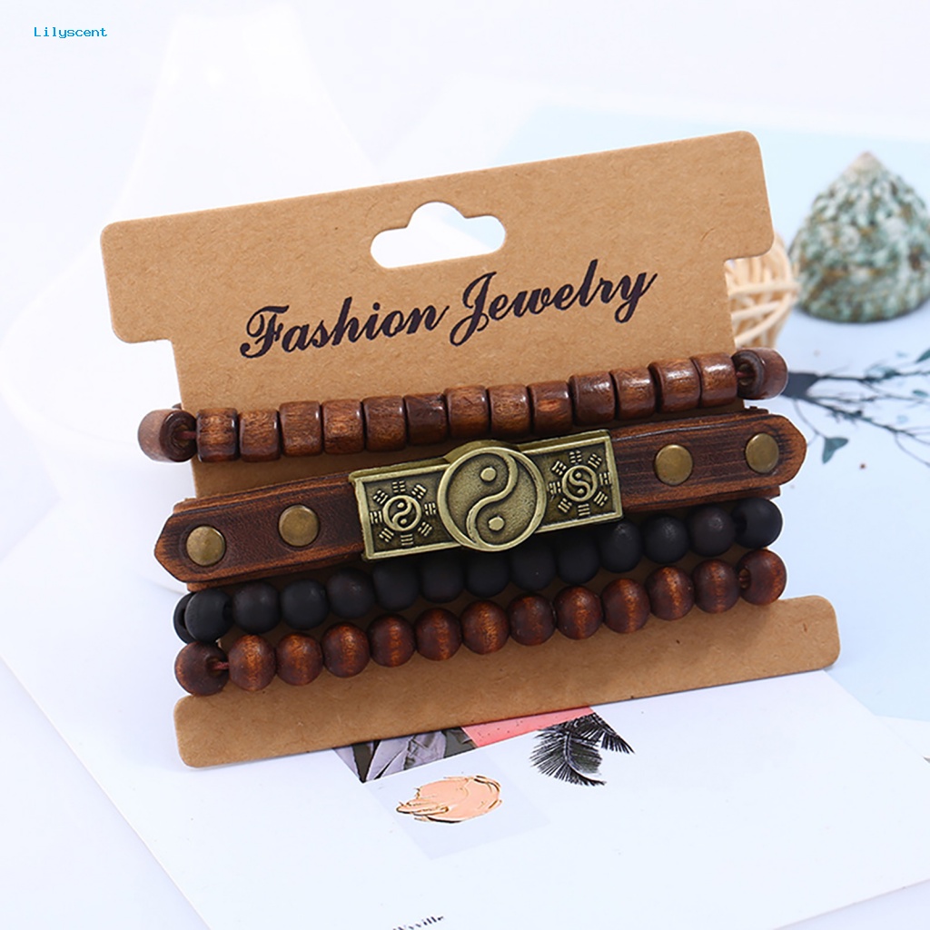 Lilyscent 4Pcs/Set Gelang Pesona Manik-Manik Keberuntungan Untuk Dekorasi Tai Chi Rantai Manik-Manik Kayu Vintage