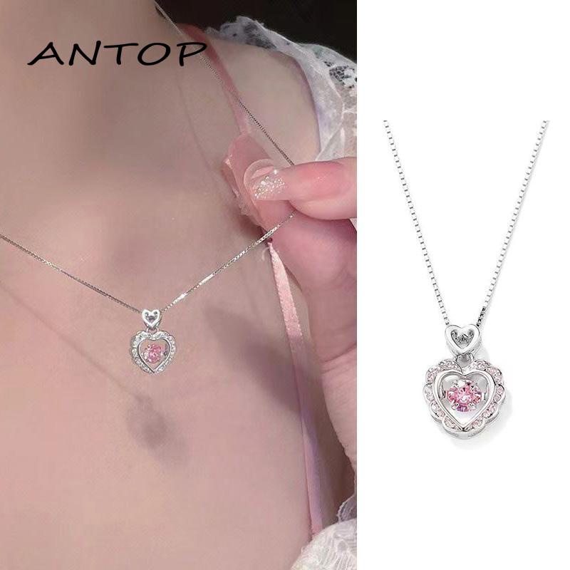 [Antop] Kalung Rantai Klavikula Liontin Mutiara Cinta Berlian Warna Pink Jahitan Wanita Desain Niche Manis Keren Ringan Mewah Rantai