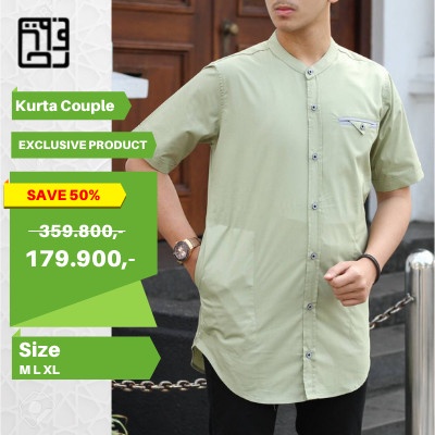 Baju Kemeja Koko Kemko Kurta Pakistan Pria Lis Polos Lengan Pendek - Hijau Muda, XXS