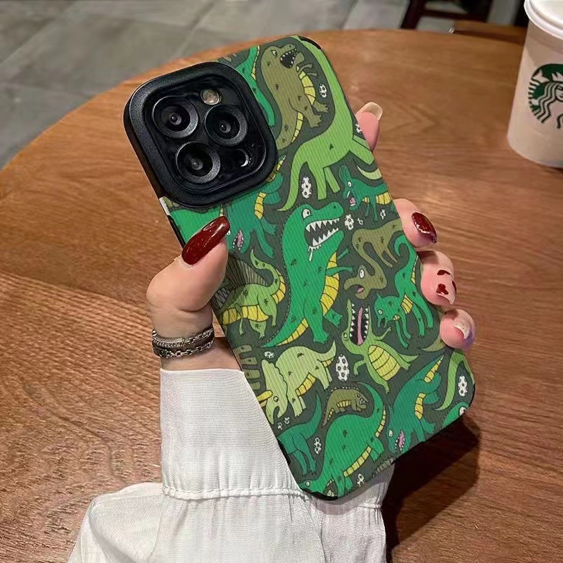 [Kulit Domba] Soft Case Kulit Untuk IPhone 6S 7plus 8plus X XS XR XS Max11 13 12 14 PRO Max 14 Plus 12 13 Mini Ins Fashion Hijau Dinosaurus Perempuan Wanita