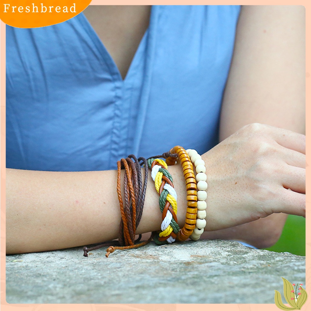 &lt; Freshbread &gt; 4Pcs/Set Vintage Wanita Manik-Manik Kayu Kulit Imitasi Menenun Gelang Bangle Hadiah