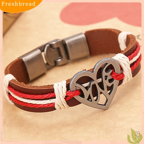 &lt; Freshbread &gt; Pasangan Kekasih Berongga Cinta Hati Rajutan Kulit Bangle Alloy Cuff Buckle Bracelet