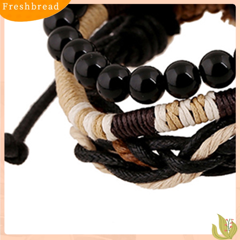 &lt; Freshbread &gt; 3Pcs Gelang Multilayer Fashion Aksesoris Manik-Manik Kayu Kulit Imitasi Bangle Lilin Tali Cuff Bracelets Untuk Pria