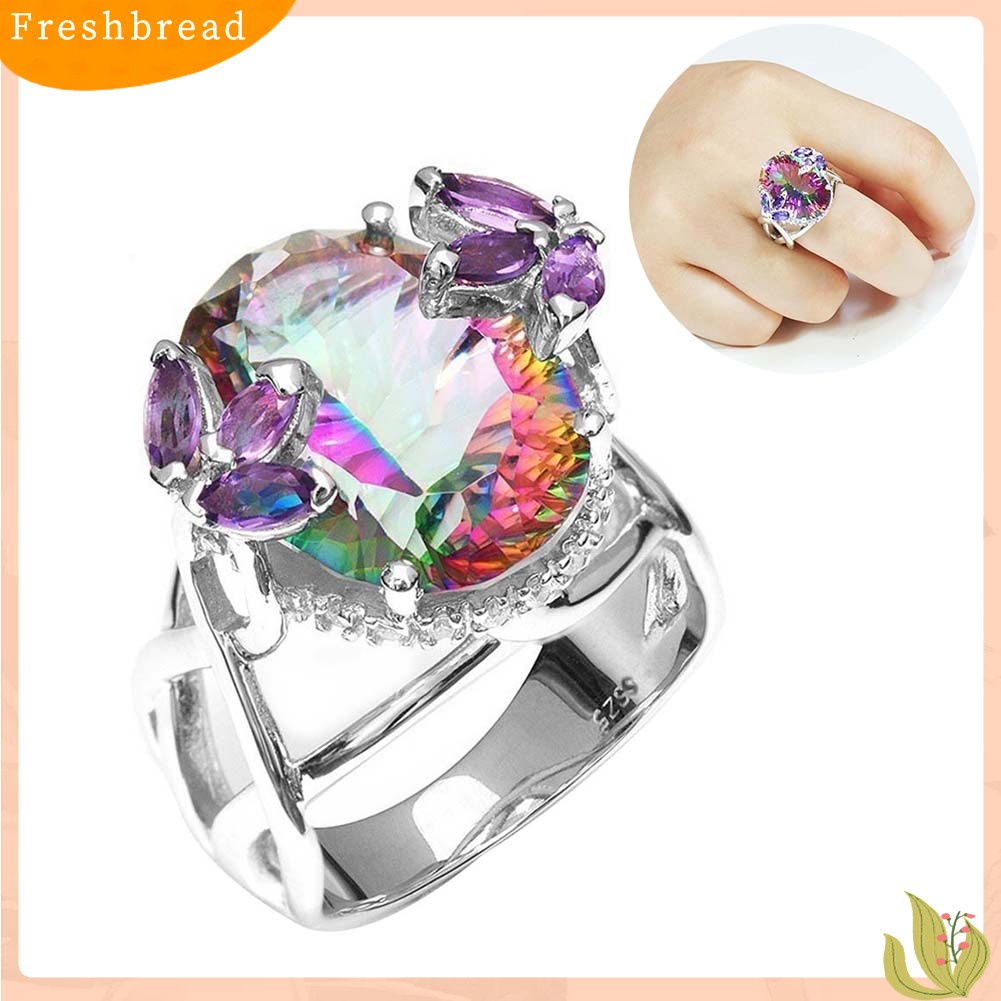 &lt; Freshbread &gt; Glitter Bunga Kuncup Pelangi Berlian Imitasi Bertatahkan Cincin Pengantin Pertunangan Perhiasan Hadiah