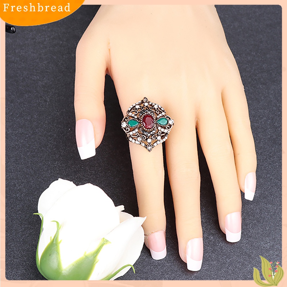 &lt; Freshbread &gt; Mewah Retro Wanita Teardrop Oval Berlian Imitasi Mengkilap Bunga Jari Cincin Perhiasan