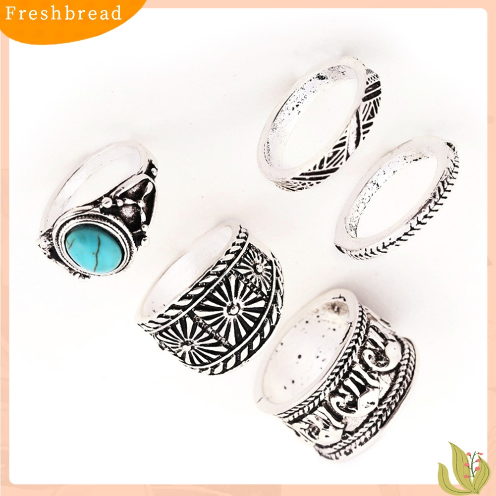 &lt; Freshbread &gt; 5Pcs/Set Wanita Gajah Turquoise Knuckle Ring Ukir Vintage Stacking Rings