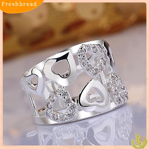 &lt; Freshbread &gt; Wanita925 Sterling Silver Disepuh Berlian Imitasi Lebar Band Cluster Berongga Jantung Cincin