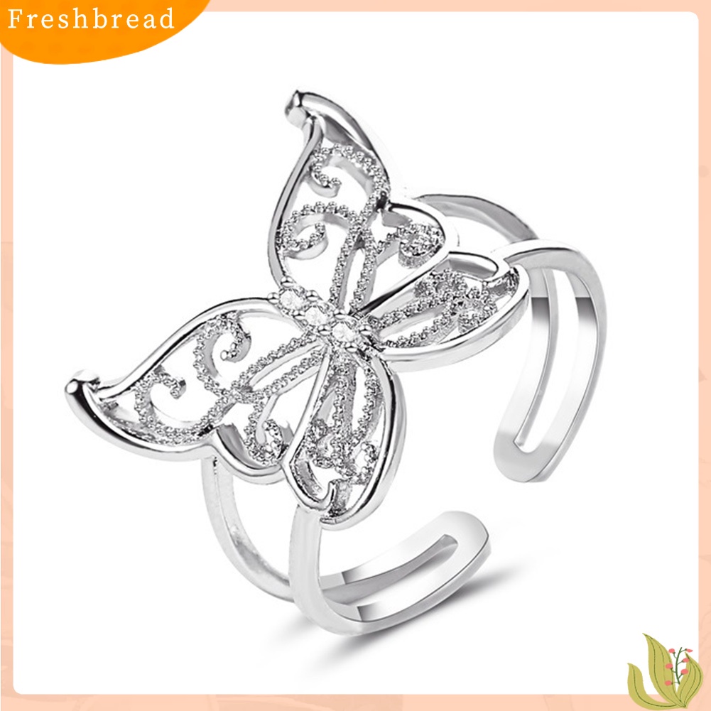 < Freshbread > Fashion Wanita Berongga Kupu-Kupu Berlian Imitasi Pembukaan Lebar Jari Cincin Perhiasan Pesta