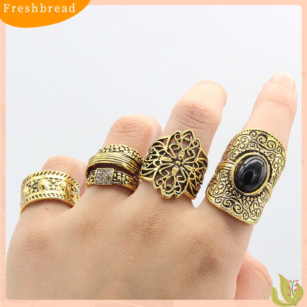 &lt; Freshbread &gt; 4Pcs/Set Cincin Unisex Lebar Gaya Etnik Alloy Hollow Pola Ukir Knuckle Rings Aksesoris Perhiasan