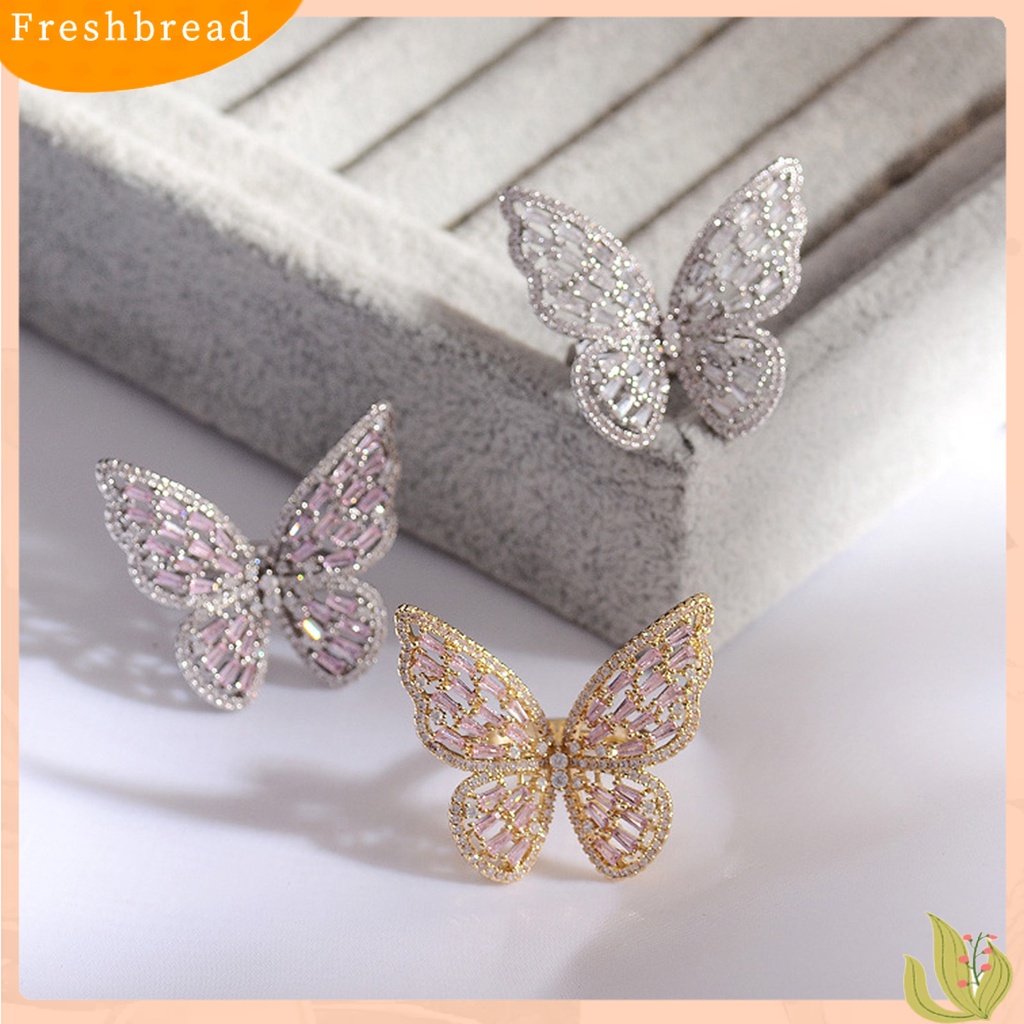 &lt; Freshbread &gt; Fashion Wanita Berongga Kupu-Kupu Berlian Imitasi Pembukaan Jari Cincin Pesta Perhiasan Hadiah