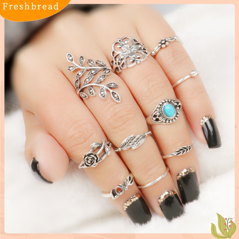 &lt; Freshbread &gt; 10 Pcs Wanita Retro Mawar Ukir Imitasi Pirus Susun Jari Cincin Perhiasan Hadiah