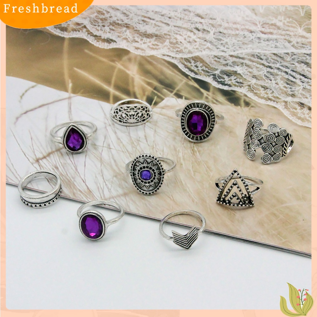 &lt; Freshbread &gt; 9Pcs/set Water Drop Stackable Knuckle Rings Alloy Bohemia Ungu Permata Imitasi Jari Rings Perhiasan Aksesori