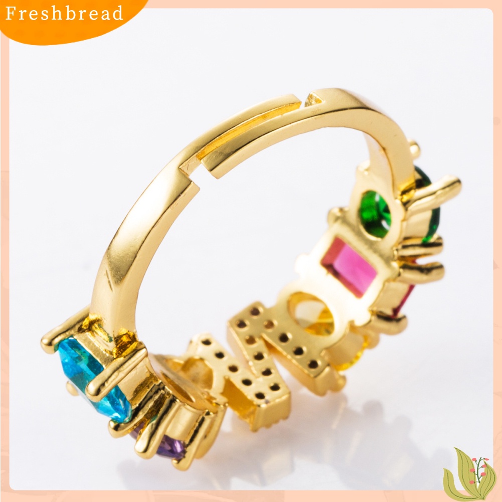 &lt; Freshbread &gt; Unisex Rainbow Cubic Zirconia Bertatahkan Surat Terbuka Cincin Adjustable Perhiasan Hadiah