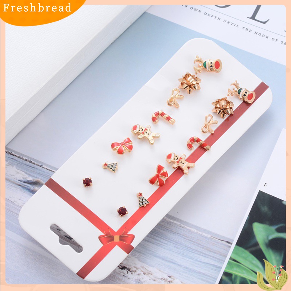 &lt; Freshbread &gt; 8pasang Pohon Natal Elk Snowflake Gingerbread Man Ear Stud Earrings Jewelry