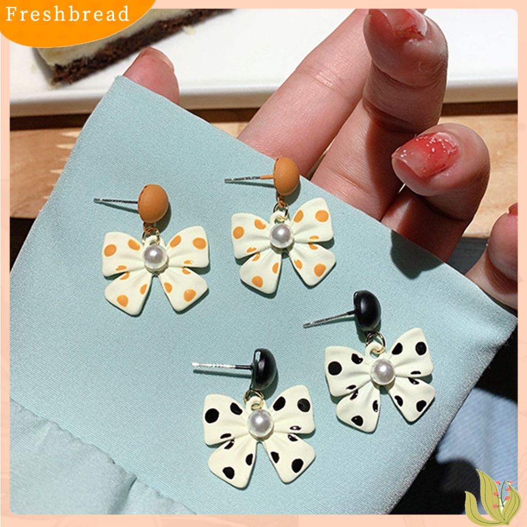 &lt; Freshbread &gt; 1pasang Lucu Elegan Paduan Wanita Anting Mutiara Imitasi Busur Simpul Drop Earrings Perhiasan Aksesori