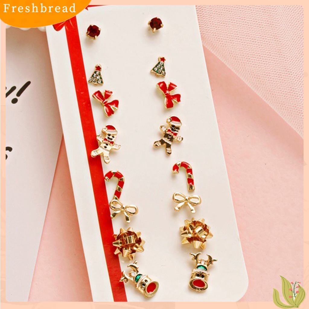 &lt; Freshbread &gt; 8pasang/Set Ikatan Simpul Berlian Imitasi Meriah Wanita Anting Pohon Natal Tebu Snowman Stud Earrings Klasik Perhiasan