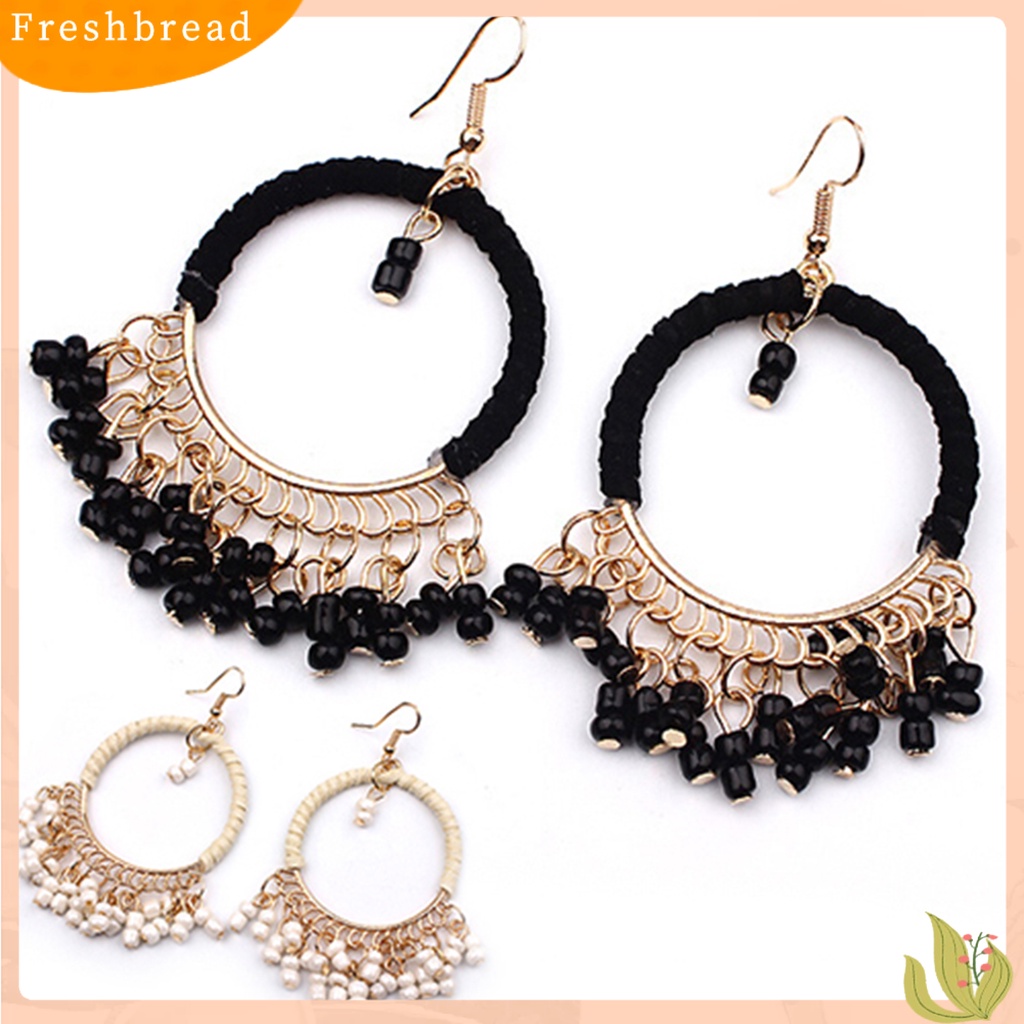 &lt; Freshbread &gt; 1pasang Anting Gaya Boho Manik-Manik Rumbai Desain Alloy Anting Kait Menjuntai Untuk Pakaian Sehari-Hari