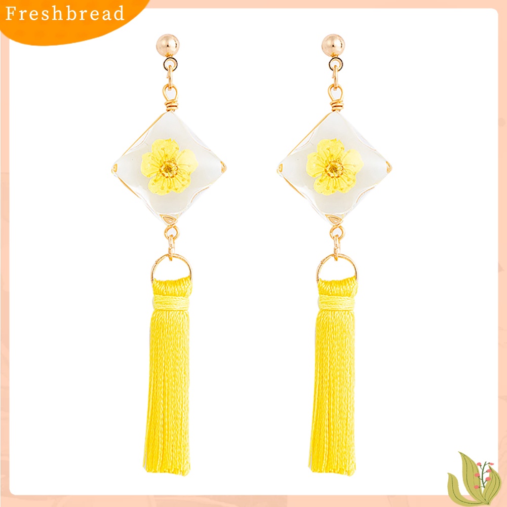 &lt; Freshbread &gt; Ethnic Square Daffodil Panjang Rumbai Menjuntai Ear Stud Earrings Wanita Perhiasan Hadiah