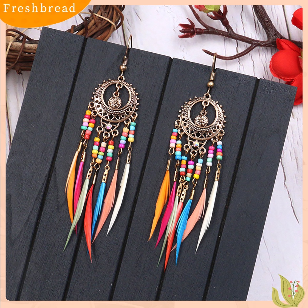 &lt; Freshbread &gt; Boho Wanita Berongga Ukir Lingkaran Bulu Rumbai Menjuntai Kait Anting Perhiasan