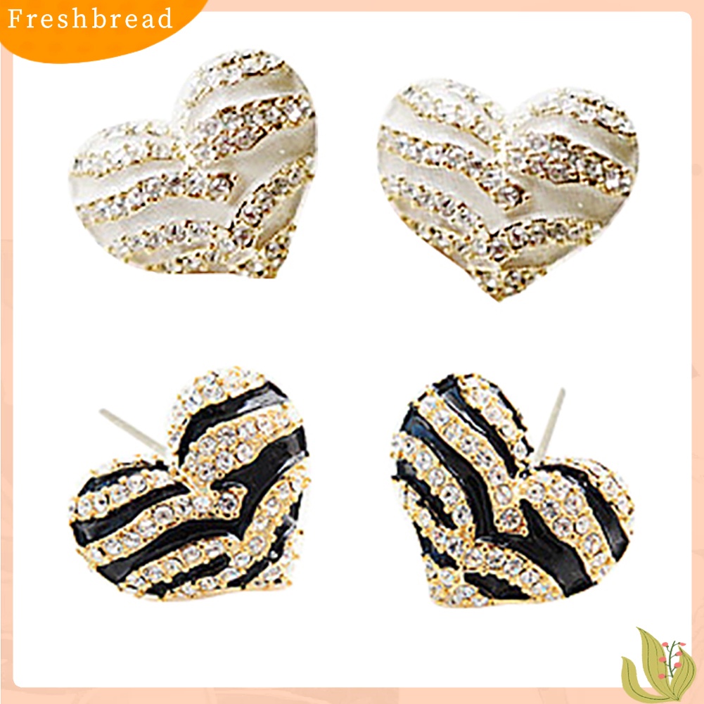 &lt; Freshbread &gt; Fashion Wanita Zebra Kristal Berlian Imitasi Bentuk Hati Ear Stud Earrings Jewelry