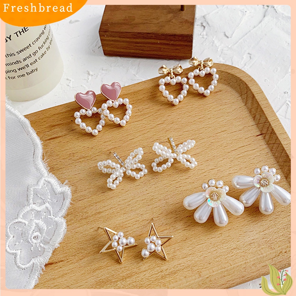 &lt; Freshbread &gt; Fashion Wanita Mutiara Imitasi Busur Bunga Hati Telinga Stud Bintang Anting Perhiasan Hadiah