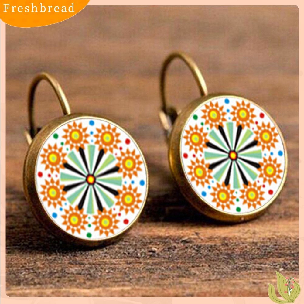 &lt; Freshbread &gt; Retro Mandala Bunga Bulat Perunggu Klip Telinga Gadis Wanita Leaverback Earrings