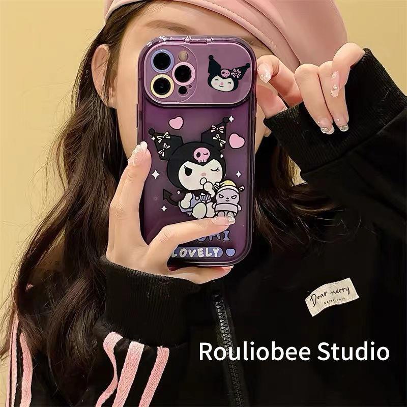 IPHONE Kuromi Liontin Makeup Mirror Holder TPU Phone Case Untuk Iphone11 12 13 Pro Max X/Xs Xr 7Plus 8Plus